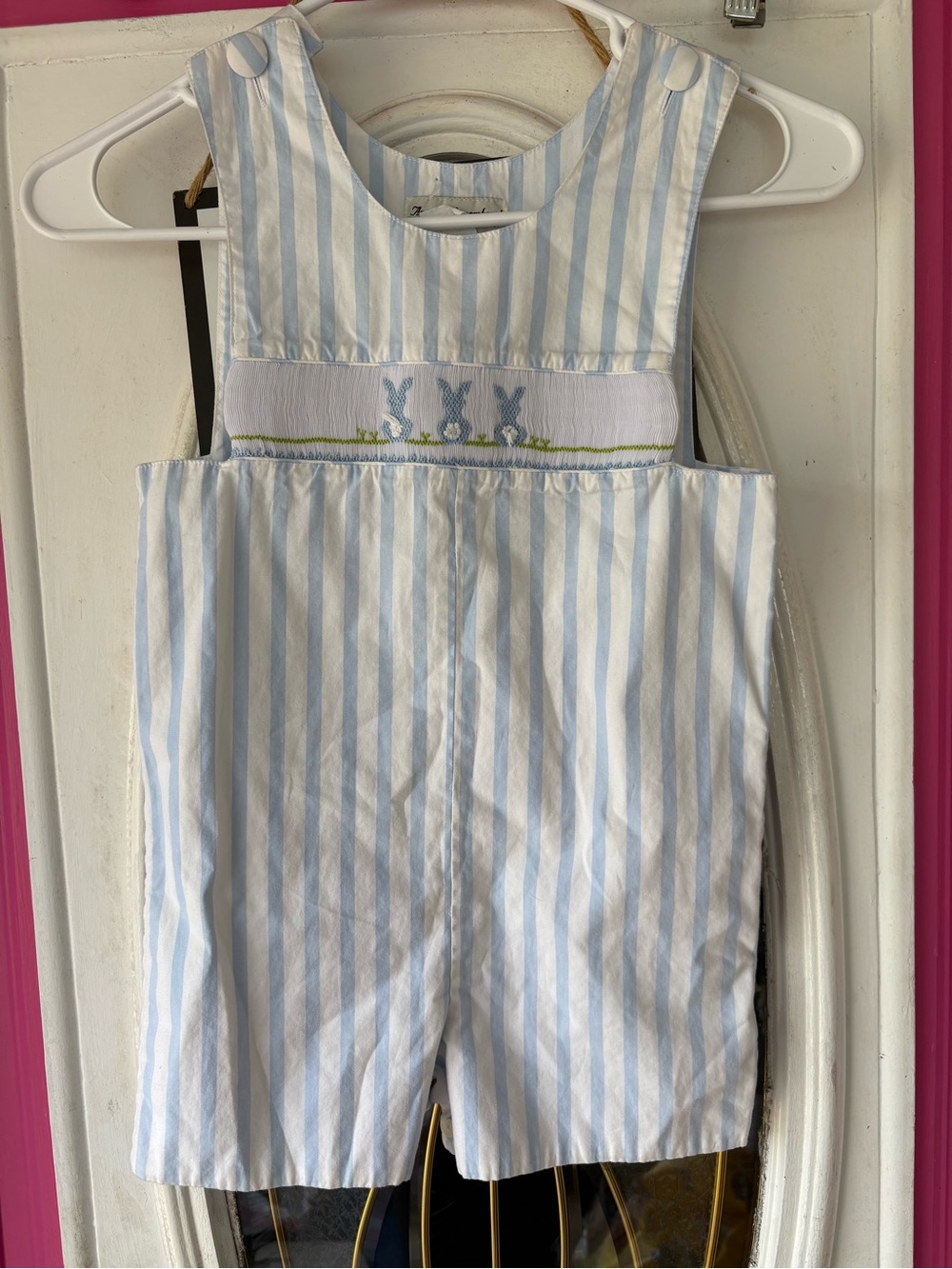 Blue & White Striped Smocked Bunny Overalls for Kids